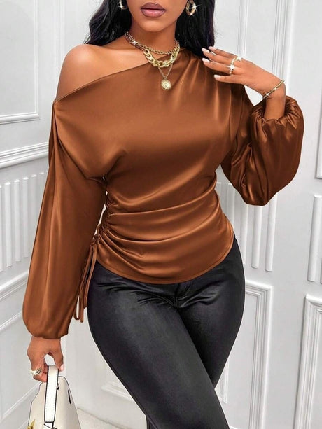 Satin Drawstring Asymmetrical Long-sleeved Slanted Neck T-shirt