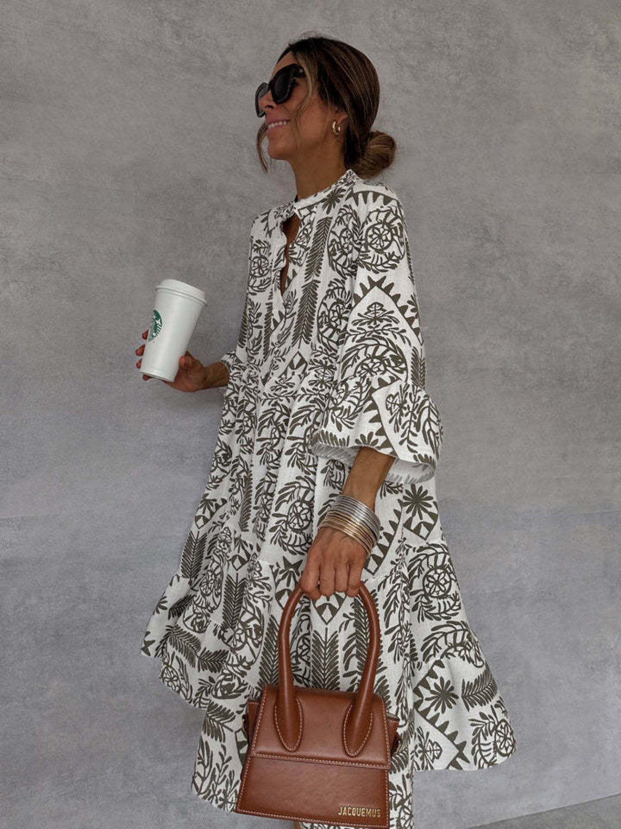 Floral Print Three-quarter Sleeves Shirt Dress