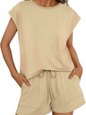 Round Neck Loose Short Sleeve Strappy Pocket Shorts Sports And Leisure 2-piece Sets