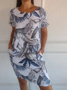 Printed Cotton And Linen Pocket Crew Neck Short Sleeve Mini&Short Dresses