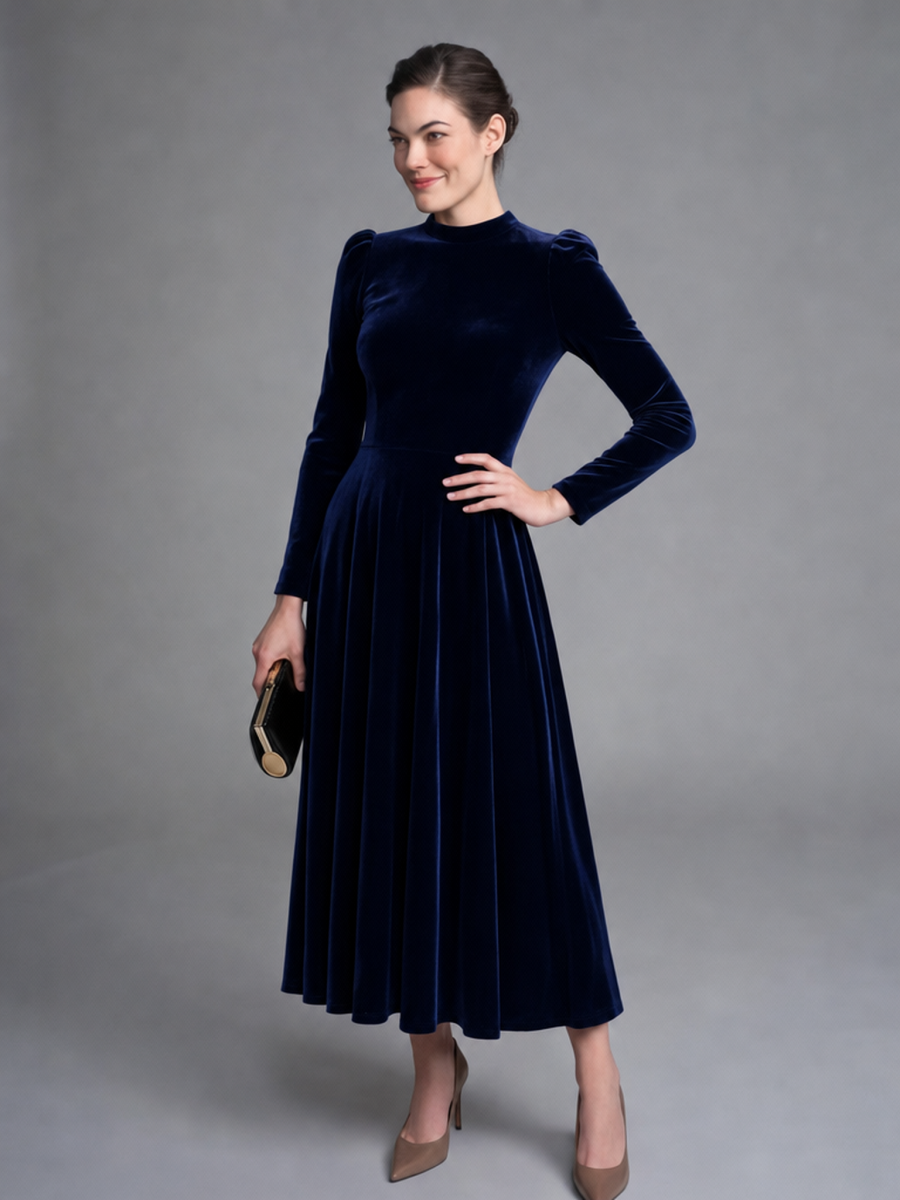 Long Sleeves Solid Color Velvet Maxi Dresses