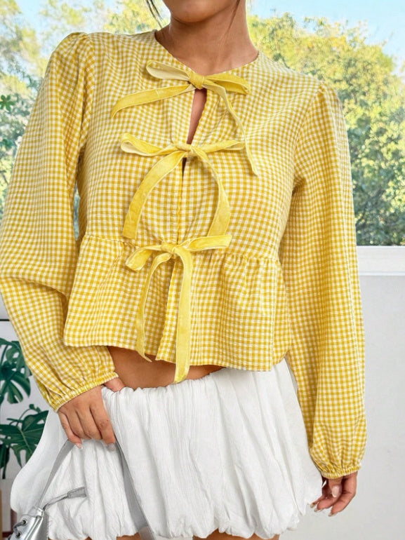 Asian Korean Style Plaid Loose Bow Long-sleeved Shirt