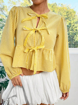 Asian Korean Style Plaid Loose Bow Long-sleeved Shirt