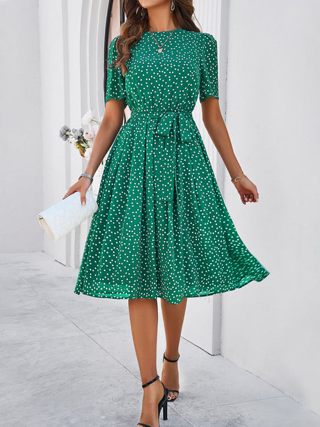 Polka Dots Crew Neck Waist Tie Short Sleeves Maxi Dresses