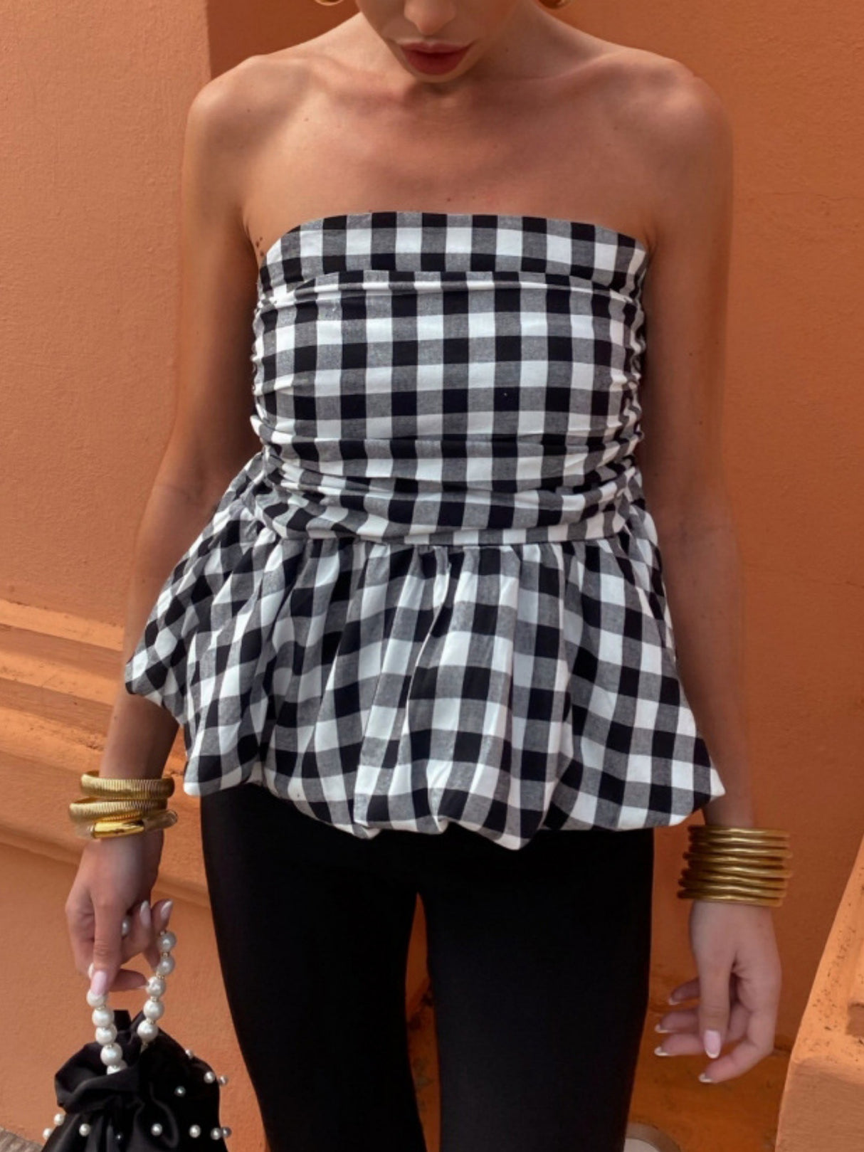 Plaid Splicing Ruffle Strapless Sweet Tank Tops&Camis