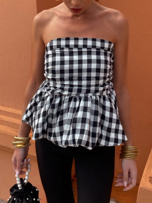 Plaid Splicing Ruffle Strapless Sweet Tank Tops&Camis