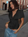 Lace Trim Straps V-neck Short-sleeved T-shirt