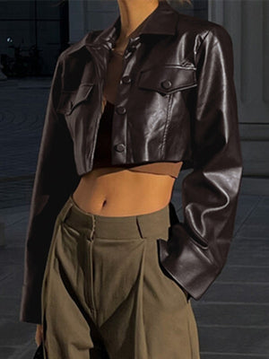 Street-style Sexy Biker Jacket With Lapel And Button-down Leather Short Jacket