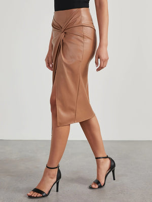PU Leather Twisted Folds Bodysuit With Slits Skirts