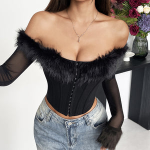 Design Sexy Off-shoulder Fur Collar Decoration Button-down Style Fish Bones Waist Long Sleeve Sheer Tops
