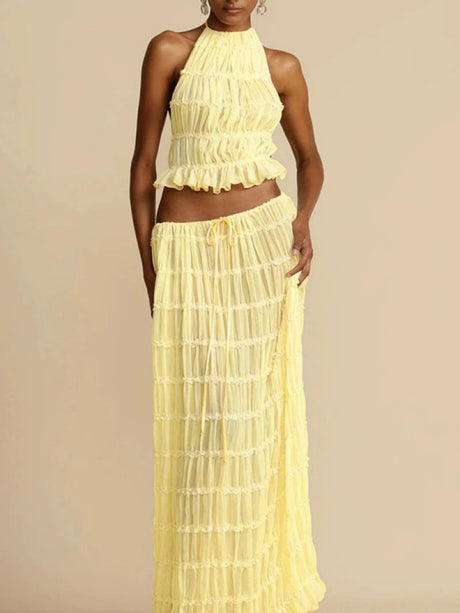 Pleated Sleeveless Backless Halter Neck Full Skirt 2-piece Sets