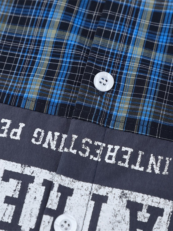 Color-blocked Patchwork Plaid Letter Printed Hip Hop Shirts