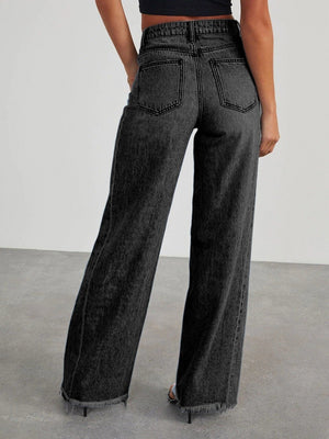 Wide-leg Side Seam Splicing Ground Edge Hem Pocket Jeans