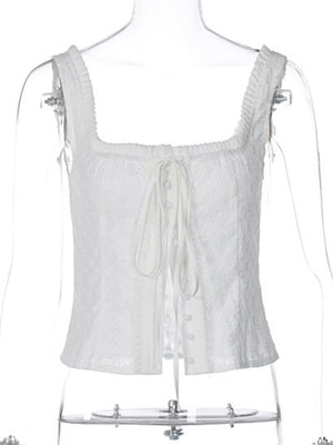 Lace Trim Square Neck Button Drawstring Camisoles