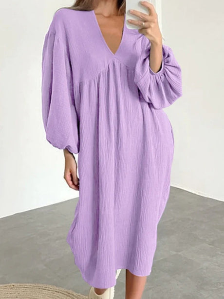 Cotton Blend Temperament V-neck Long Sleeve Loose-fit Home Vacation Mini&Short Dresses