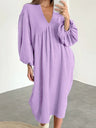 Cotton Blend Temperament V-neck Long Sleeve Loose-fit Home Vacation Mini&Short Dresses