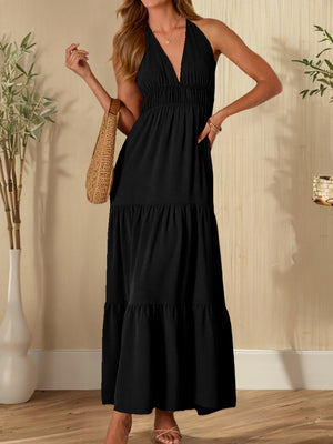 V-neck Halter Neck Lace-up Maxi Dresses