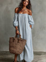 Striped Off-the-shoulder Linen Resort-style Long-sleeved Dress