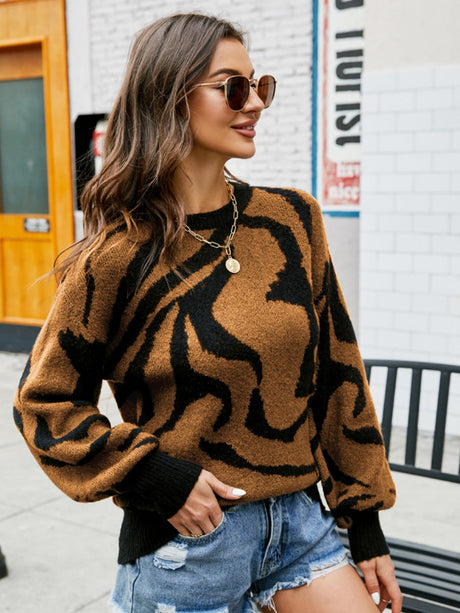 Liber Autumn Women's Contrasting colors Zebra print Sweaters Long sleeve Crew Neck Short top