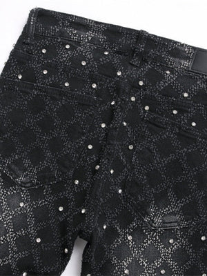 Punk Black Slim Stretch Orange Embroidery Flared Jeans