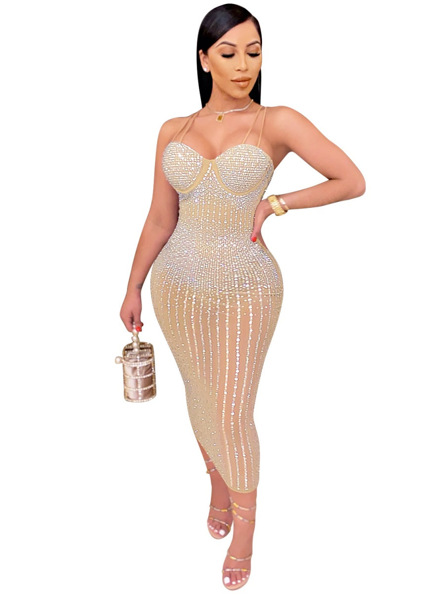 Hip-hugging Rhinestone-studded Midi Dresses