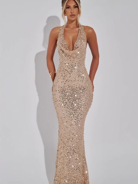 Sequined Deep V Halter Neck Bodycon Dress With Slightly Revealing Back