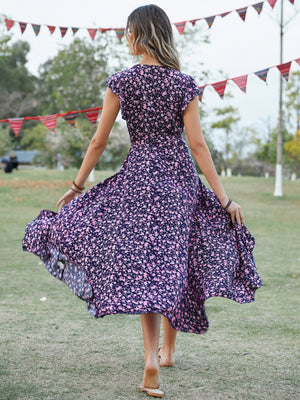 Wrap-up V-neck Bandage Asymmetrical Skirt Vacation And Leisure Maxi Dresses