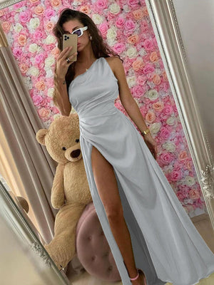 One-shoulder Satin Style Sexy Slit Dinner Party Long Dress