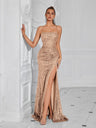 Fitted Strapless Serrated Long Dress With Sequins