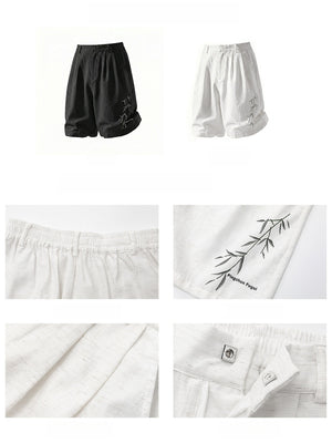 Imitation Linen Texture Printed New Chinese Style Five Points Shorts