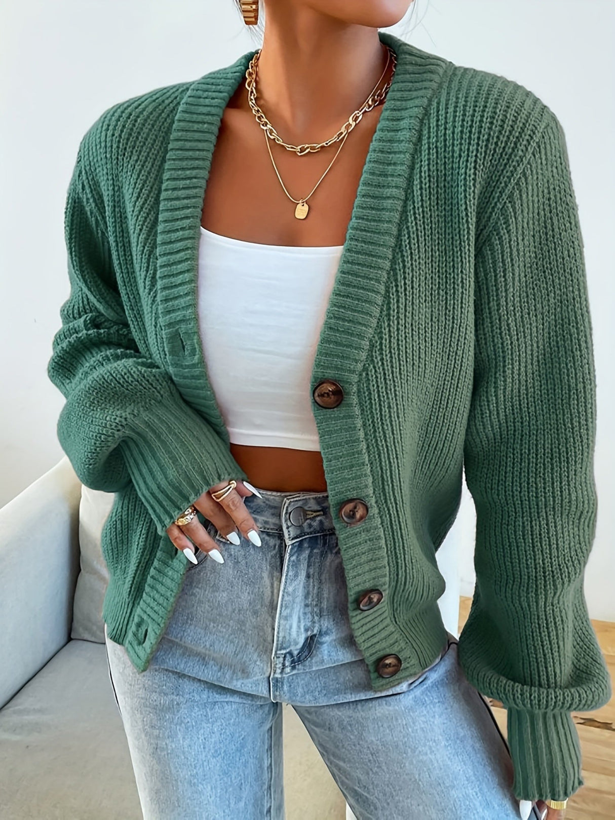 Vertical Thread V-neck Loose Fit Cardigans