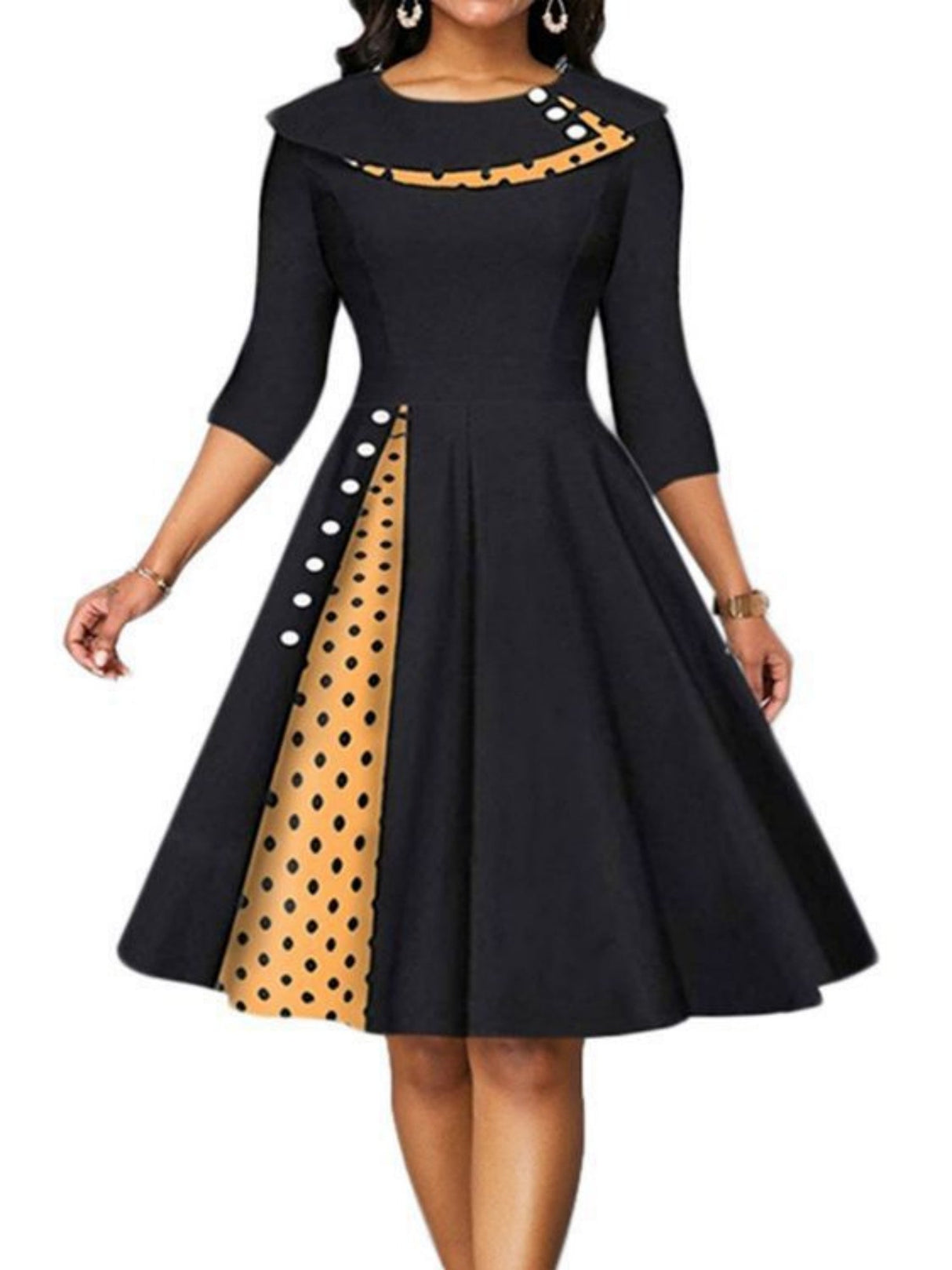 Christmas Polka Dots Splicing Retro Lapel Three-quarter Sleeves Midi Dresses