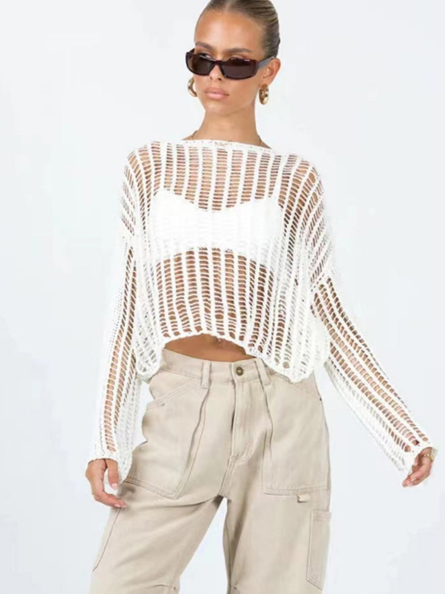 Liber Autumn women's see-through knitted loose hollow pullover mesh see-through top