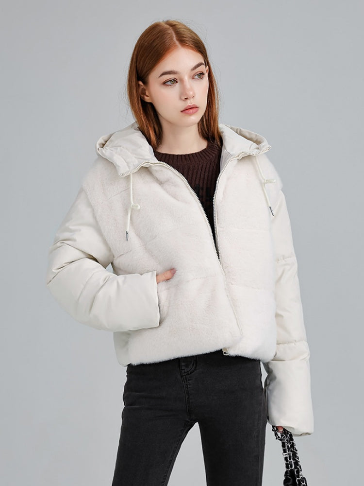 Fur Hooded Button Short Down Jacket Thickened Coat