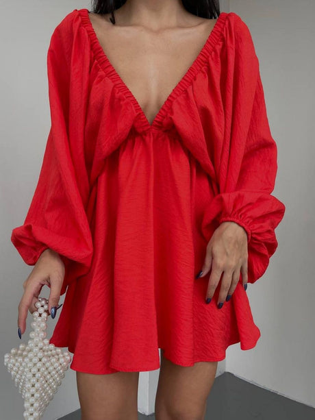 Pleated V-neck Puff Sleeves Large Skirt High-waisted Mini&Short Dresses