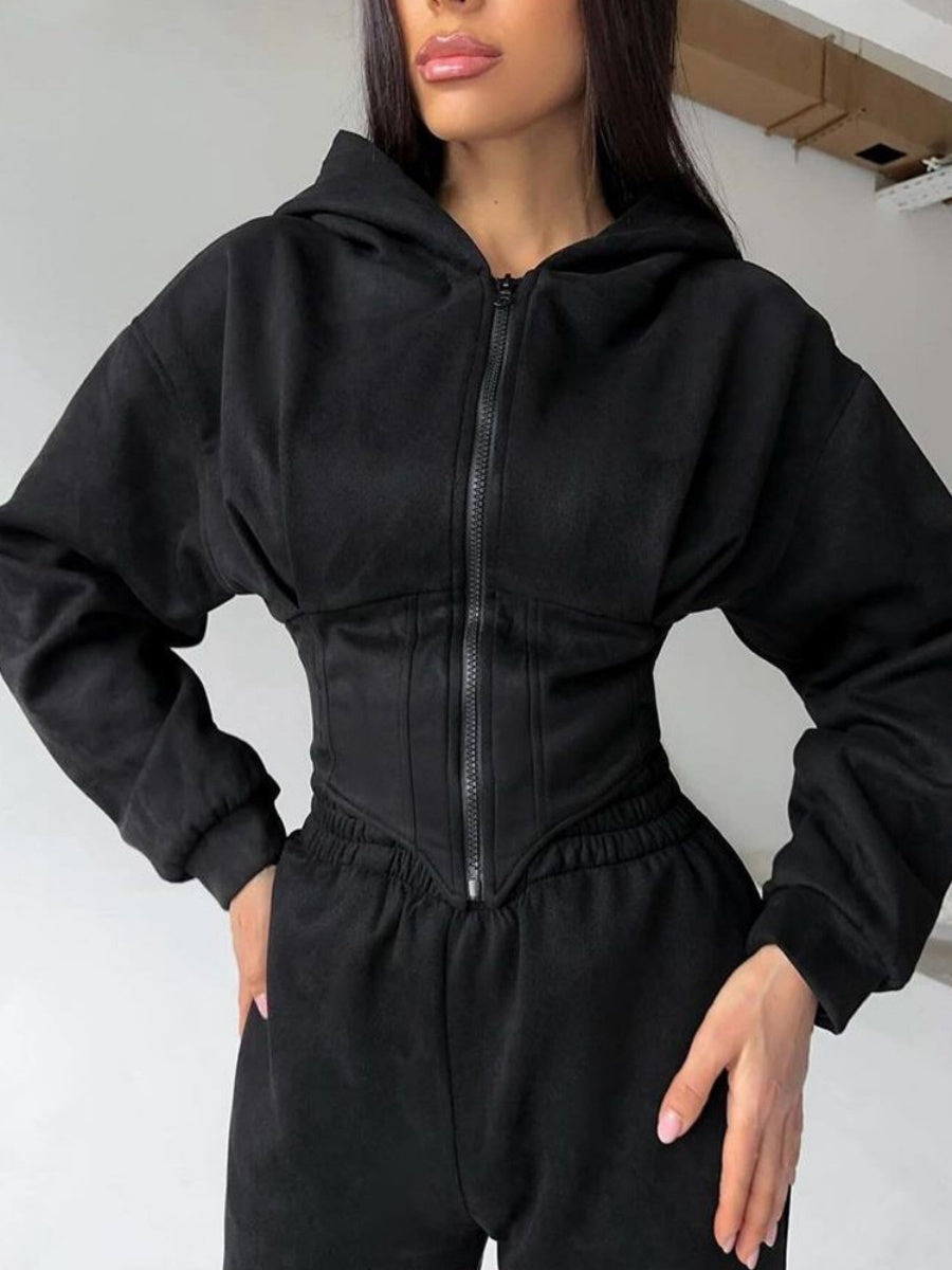 Liber Autumn women's clothing waist design Hooded Zippered solid color long-sleeved cardigan two-piece set