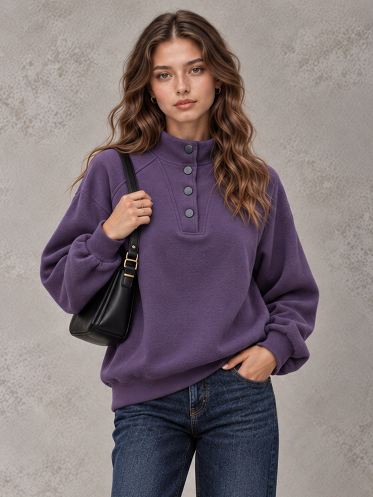 Women's Autumn/Winter Solid Color Stand Collar Button-Up Long Sleeve Sweatshirt
