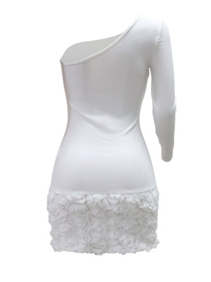 Einseitig bedrucktes, langärmeliges Abendkleid mit Paspelierung, 3D-Blumen, Hüftwickel, Mini- und Kurzkleider