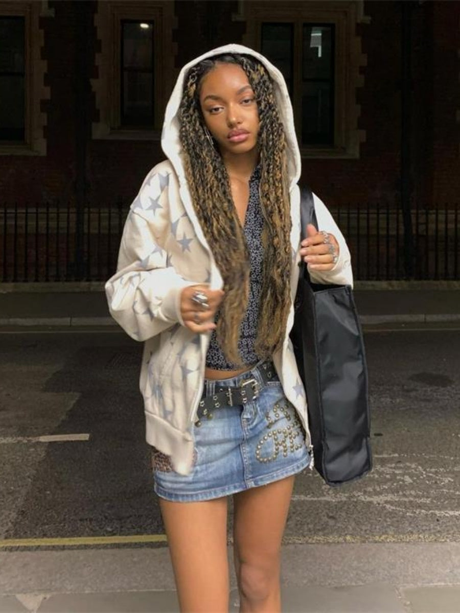 Old Star Print Zippered Loose Hooded Sweatshirt