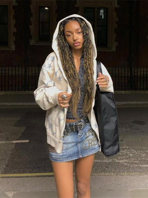 Old Star Print Zippered Loose Hooded Sweatshirt