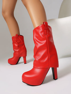 Patchwork Pleated High-heeled Mid-calf Women's Boots