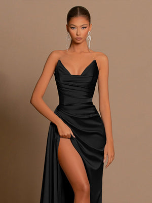 Sexy Strapless Style Deep V-neck Satin Waist Corset Dinner Party Long Dress