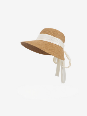 Beach Vacation Sunshade Straw Hat With Wide Brim, Bow And Ribbon