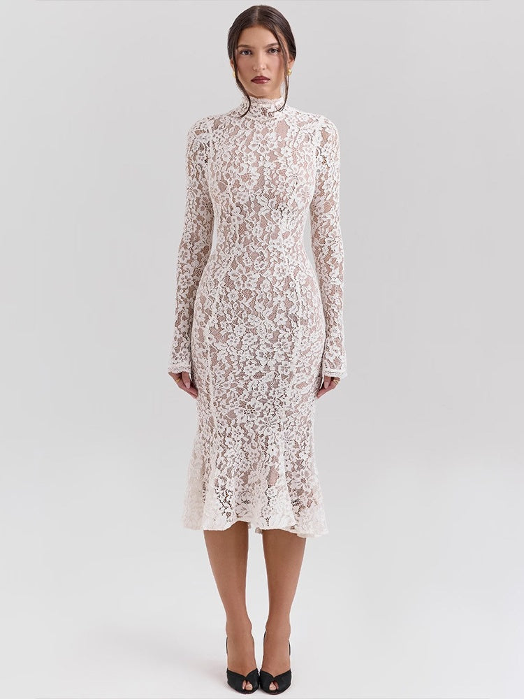 White Lace Long Sleeve Crew Neck Fishtail Slim Fit Dress