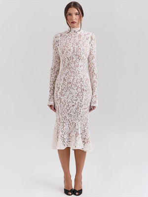 White Lace Long Sleeve Crew Neck Fishtail Slim Fit Dress