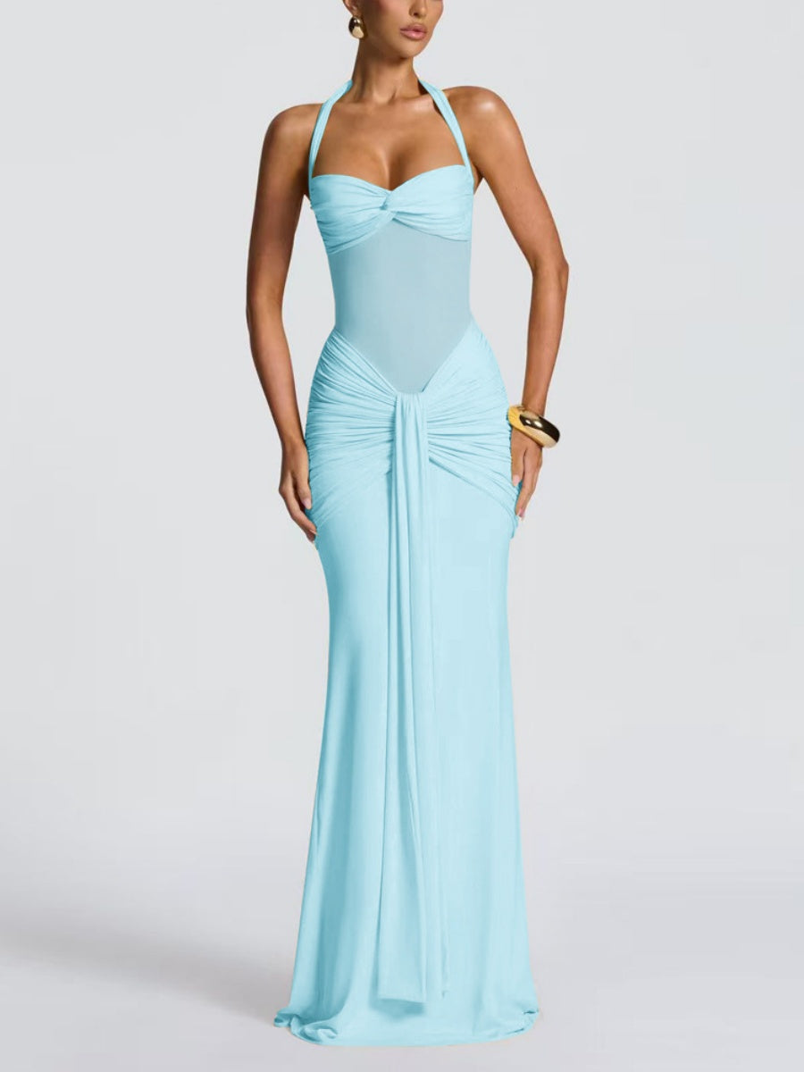 Neckband Lace Up Mesh Formal Dress Maxi Dresses