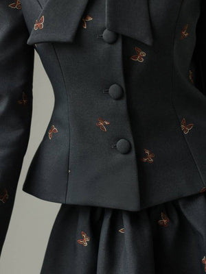Butterfly Embroidery Color-blocked Waist Shaping Suit Jacket And Skirt 2-piece Sets