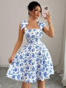 Waist V-neck Bandage Camisoles Printed Vacation And Leisure Mini&Short Dresses