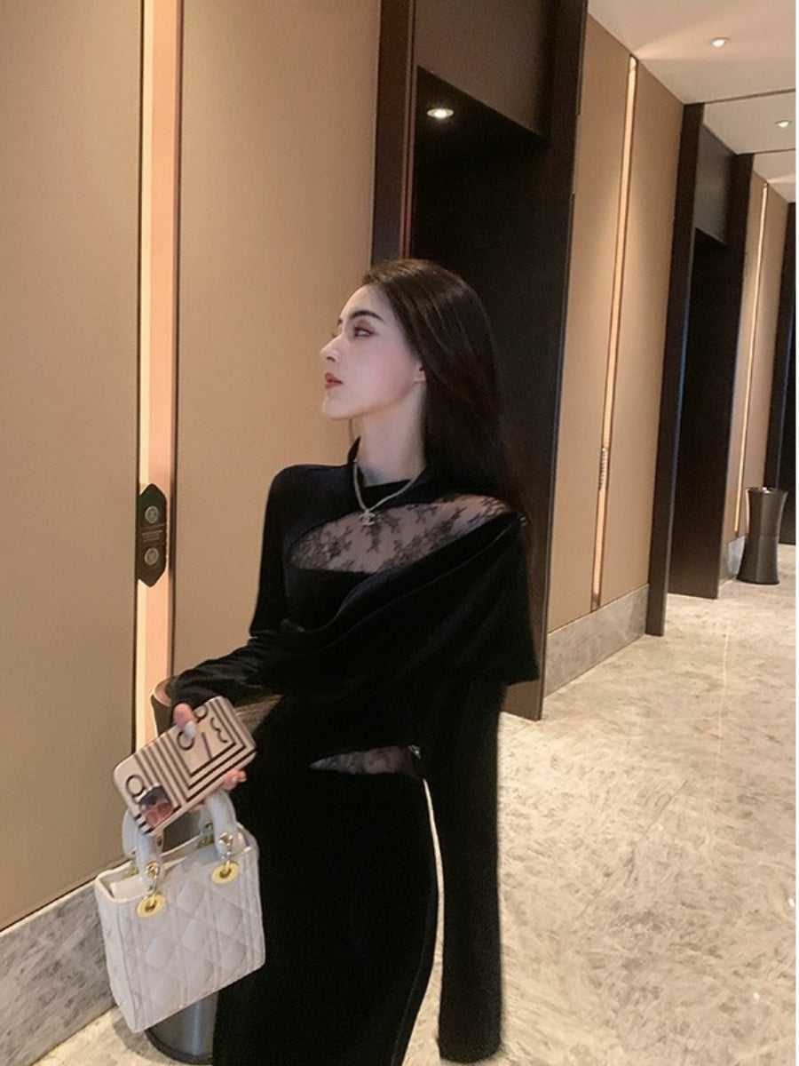 Velvet Dress, Women's Style, Rich Heiress Look, Lace Long-sleeved Black Dress