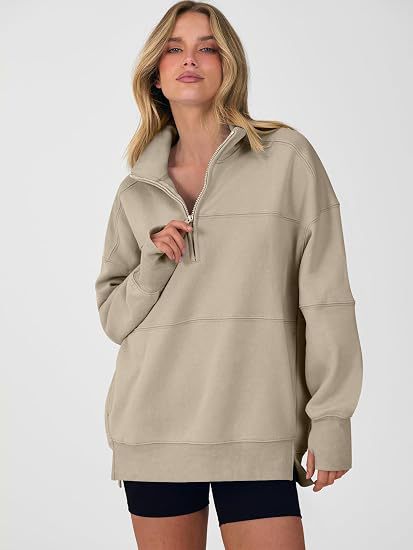 Women's Autumn/Winter Solid Color Half-Zip Long-Sleeve Side-Slit Sweatshirt